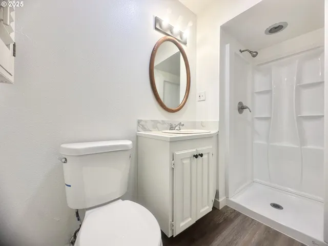 a bathroom with a sink a toilet and shower