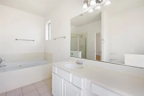 a bathroom with a tub sink and mirror