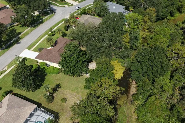 an aerial view of residential houses with outdoor space and trees