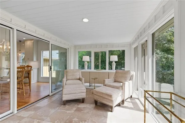 a view of a dining room with furniture