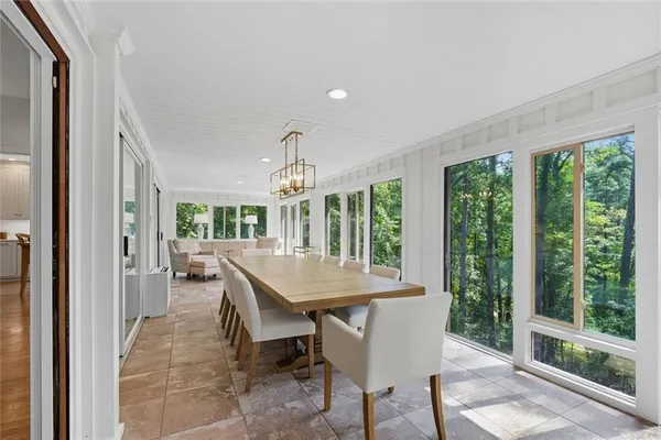 a view of a dining room with furniture window and outside view