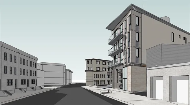 a view of a building with a street