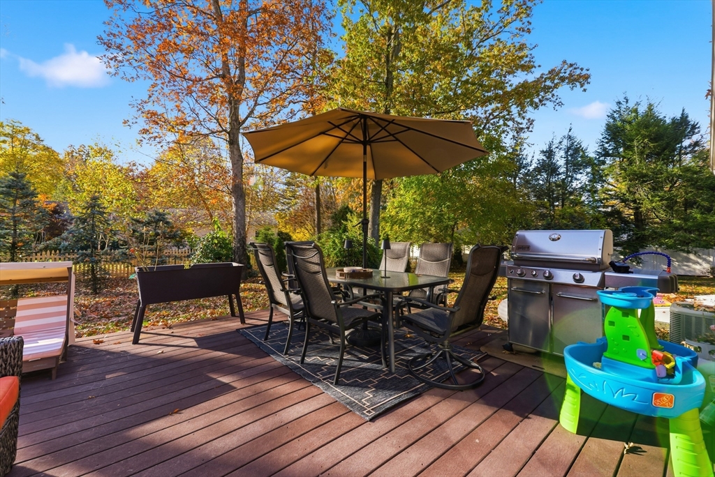 120 Inverness Lane Longmeadow, MA 01106 - Photo 35 of 42 a view of deck with table and chairs under an umbrella with wooden floor