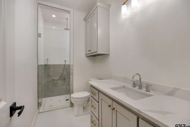a bathroom with a sink toilet and shower