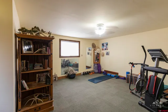 a bedroom with furniture and a book shelf