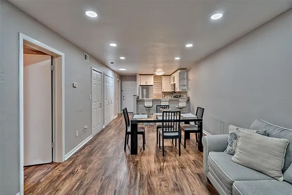 a view of a dining room with furniture