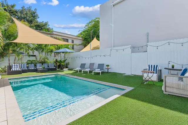 a view of a house and swimming pool with a yard