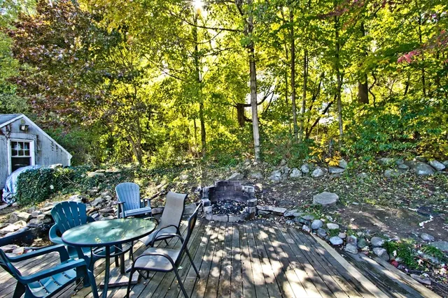 a backyard of a house with table and chairs