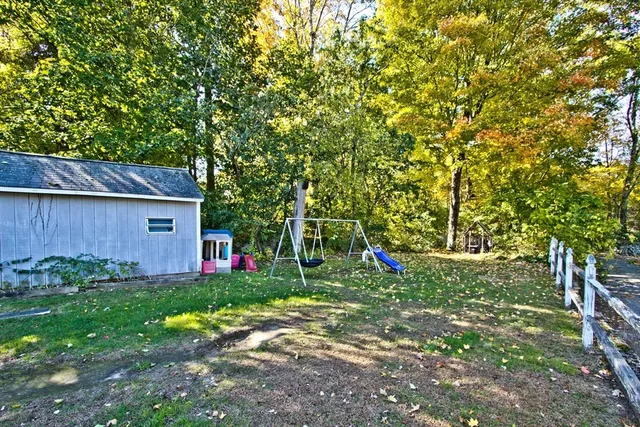 a view of a backyard with large trees and plants