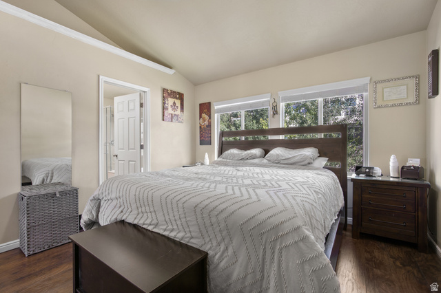 2005 Redtail Way Layton, UT 84040 - Photo 24 of 37 Vaulted ceiling bedroom with wood-finish flooring, two large windows, and a panel door leading to an adjacent room