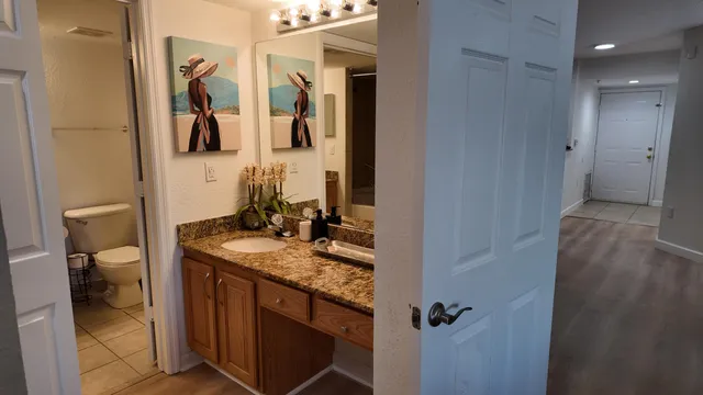 a bathroom with a granite countertop sink and a mirror