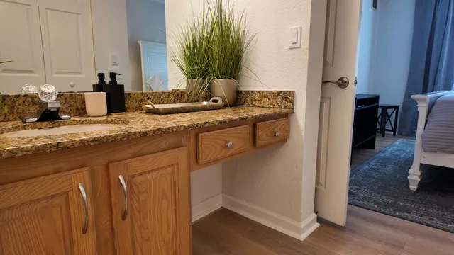 a bathroom with a granite countertop sink and a mirror