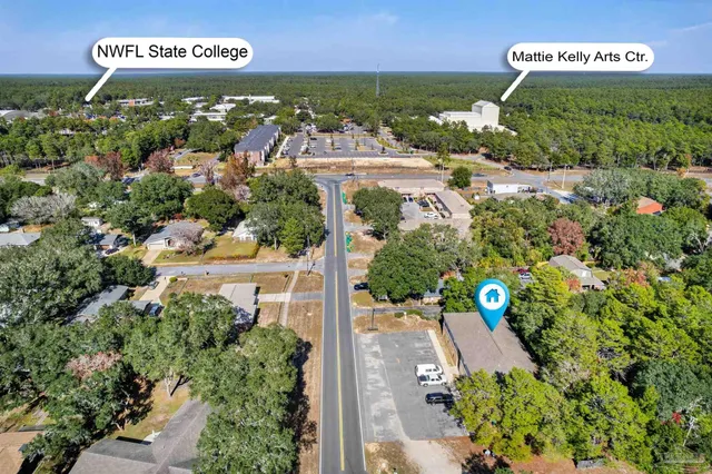 an aerial view of a house with a garden