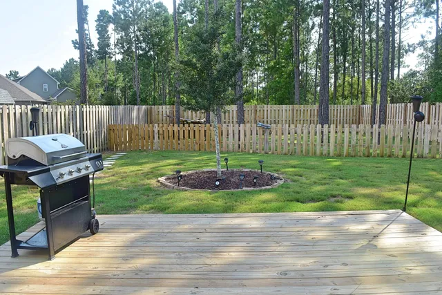 a garden view with a seating space