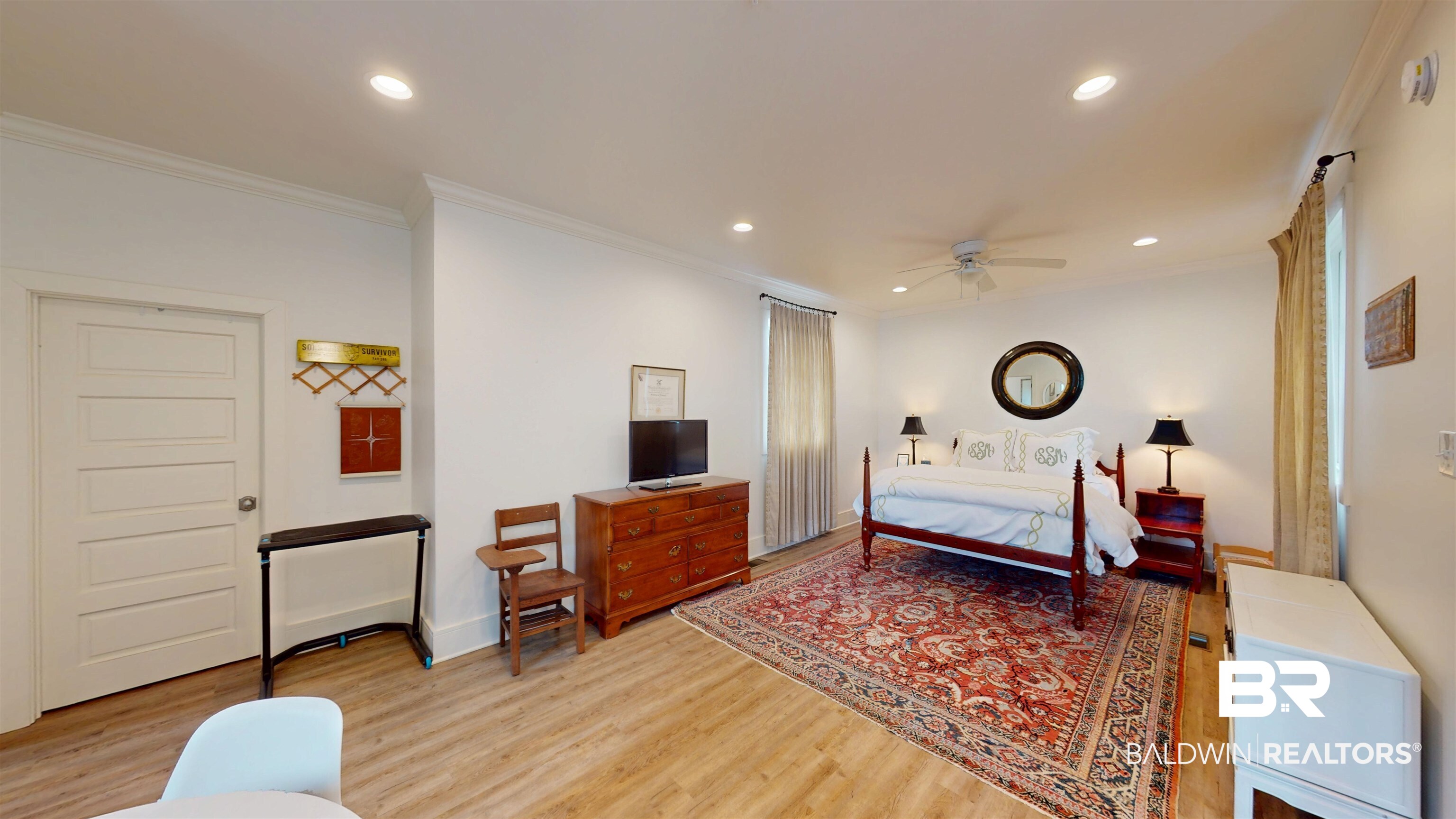 211 Lanier Avenue Mobile, AL 36607 - Photo 71 of 73 Bedroom with light wood-style floors, ornamental molding, recessed lighting, and a ceiling fan