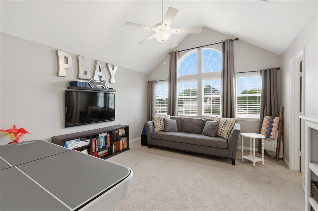 216 Durango Drive Trophy Club, TX 76262 - Photo 23 of 40 This versatile room features vaulted ceilings, arched windows with blinds, and a ceiling fan