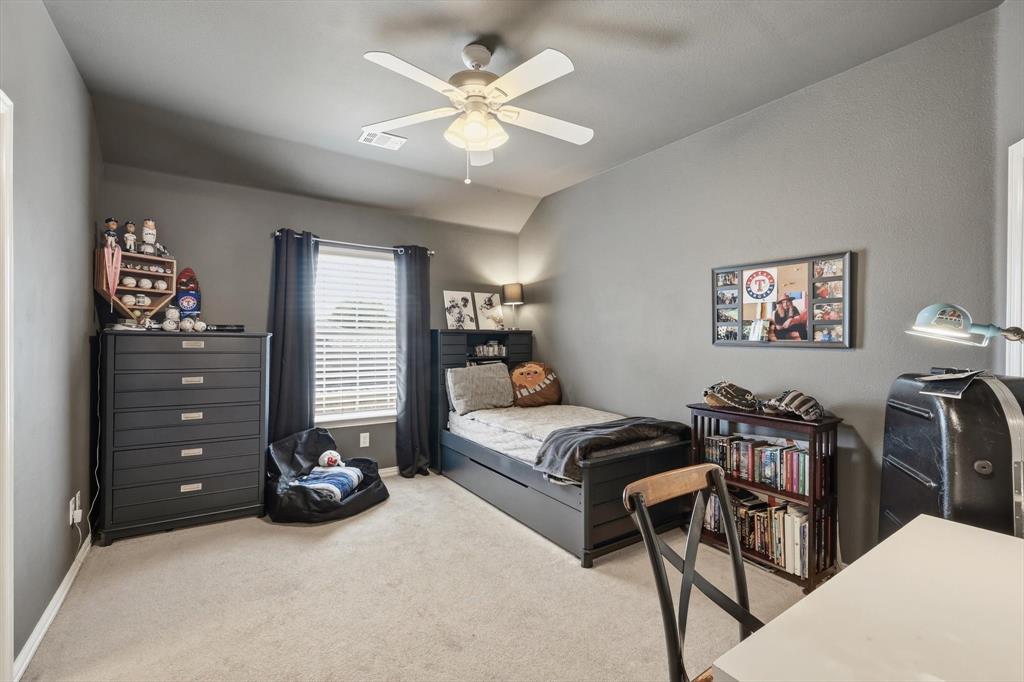 216 Durango Drive Trophy Club, TX 76262 - Photo 29 of 40 This room features neutral-toned carpet, a ceiling fan, and a window with blinds and dark curtains