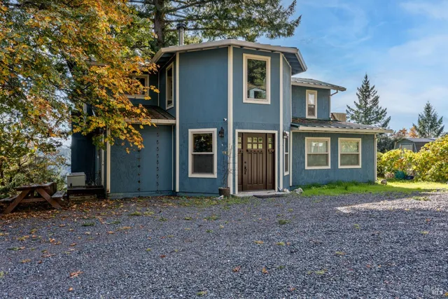a view of a house with a yard and large tree