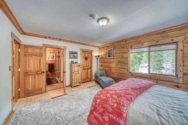 a bedroom with a bed closet and a large window