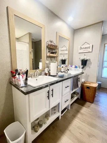 a bathroom with a sink and a mirror
