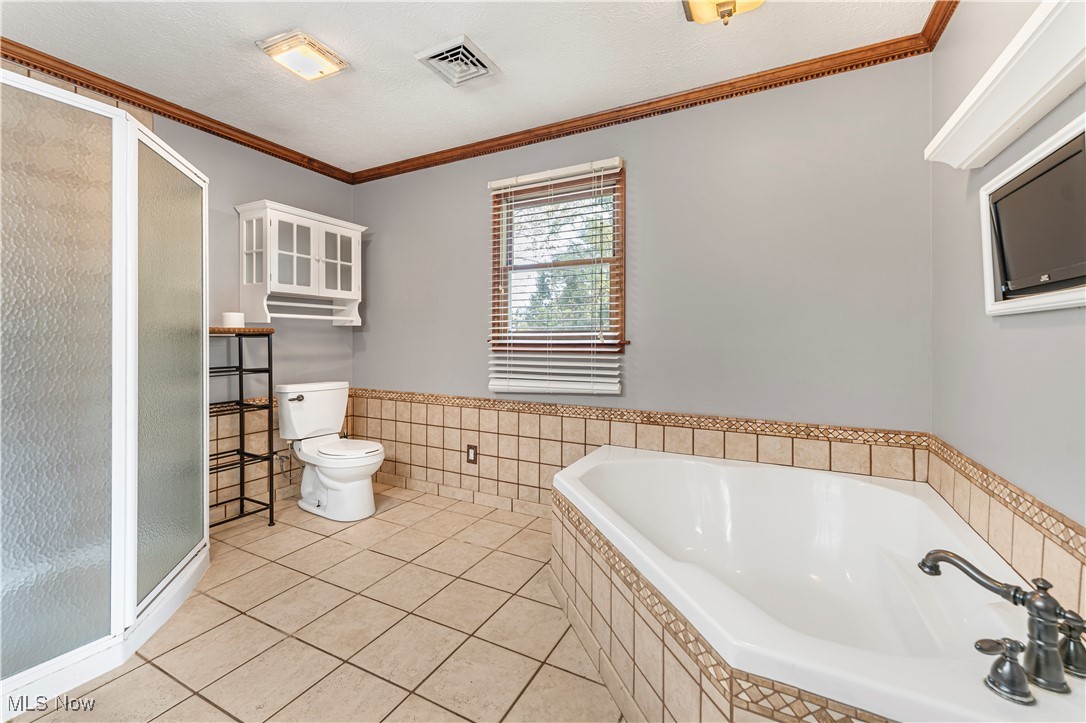 155 Ridgewood Boulevard Belpre, OH 45714 - Photo 42 of 49 Bathroom with ornamental molding, light tile patterned floors, a shower stall, a garden tub, and wainscoting