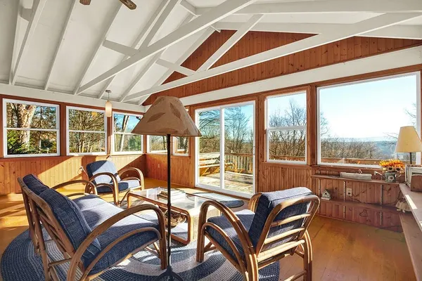 a living room with furniture and a floor to ceiling window