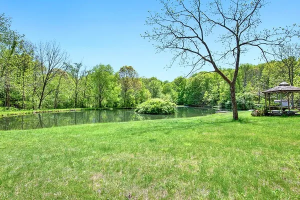a view of green field with trees in the background
