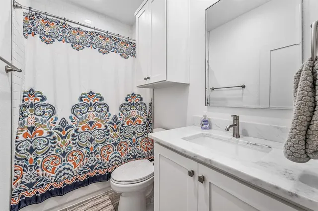 a bathroom with a sink toilet and shower