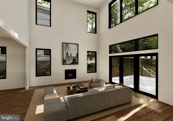 a living room with furniture and large window