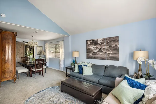 a living room with furniture and a lamp