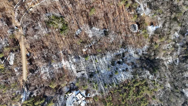 a view of a covered with trees in the background