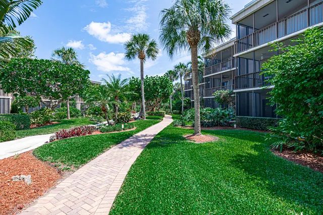 a view of a garden with a fountain