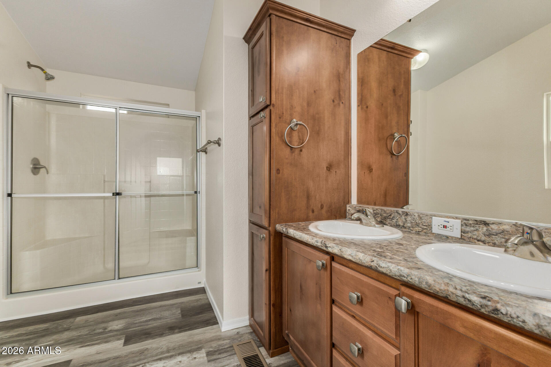 555 West Warner Road, Unit 55 Chandler, AZ 85225 - Photo 20 of 26 a bathroom with a granite countertop sink shower and a mirror