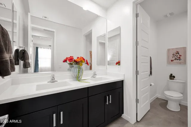 a bathroom with a double vanity sink toilet and mirror