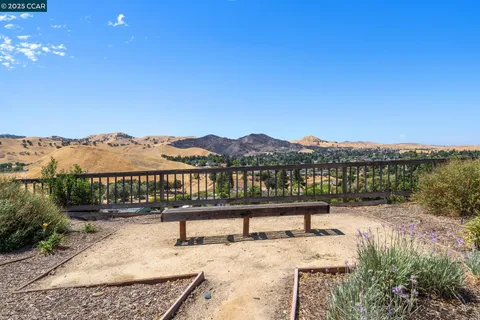a view of a terrace with a garden and mountain view