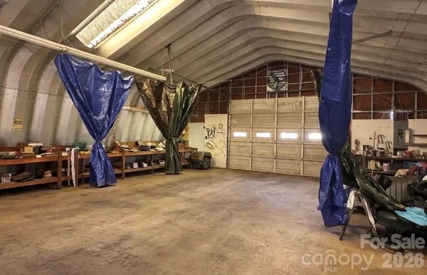 a view of a garage with storage