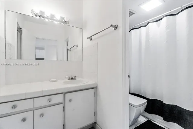 a bathroom with a sink a toilet a mirror and shower