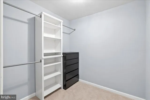 a view of walk in closet with empty racks
