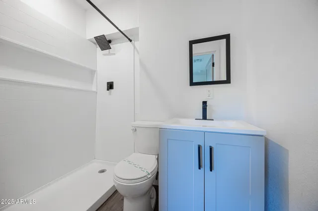 a bathroom with a sink a toilet and shower