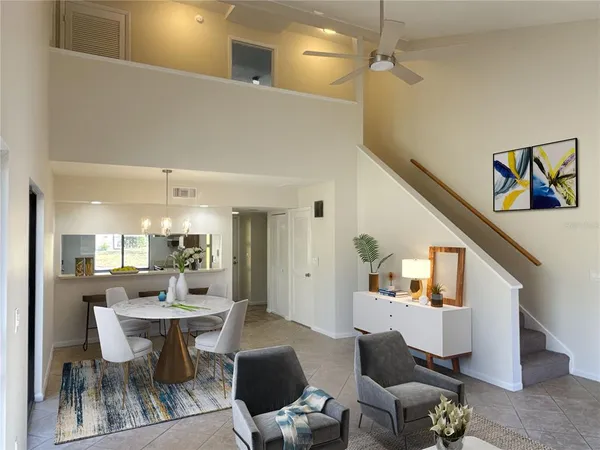 a view of a dining room with furniture