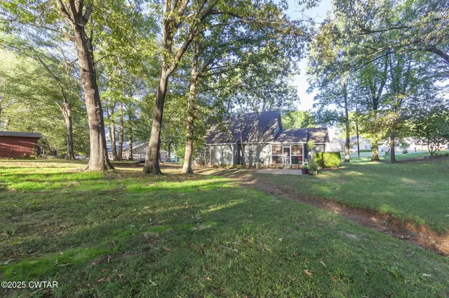 a view of a backyard with table and chairs couches and a fire pit