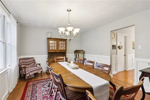 a view of a dining room with furniture