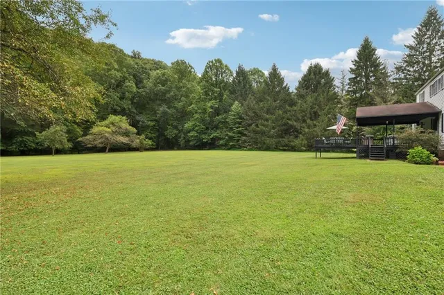 a view of a green field with trees in the background