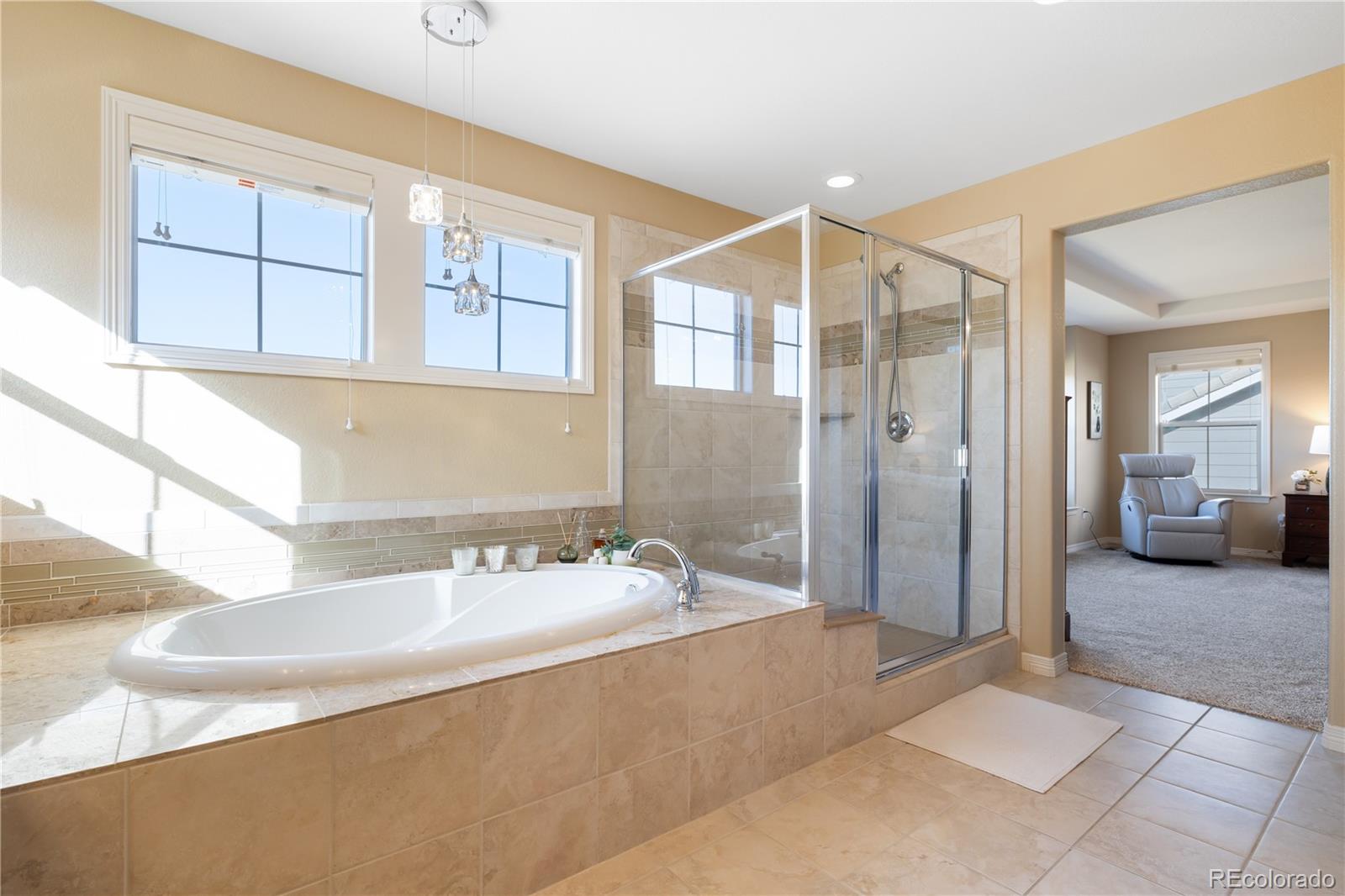 10681 Sundial Rim Road Highlands Ranch, CO 80126 - Photo 23 of 45 a bathroom with a granite countertop sink a mirror and a shower