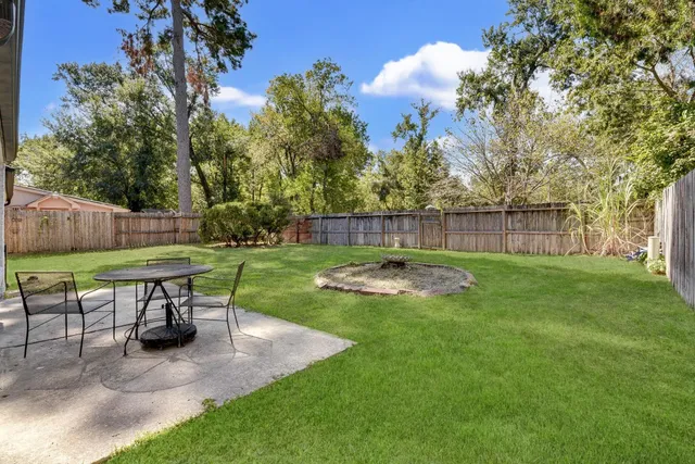 a garden view with a seating space