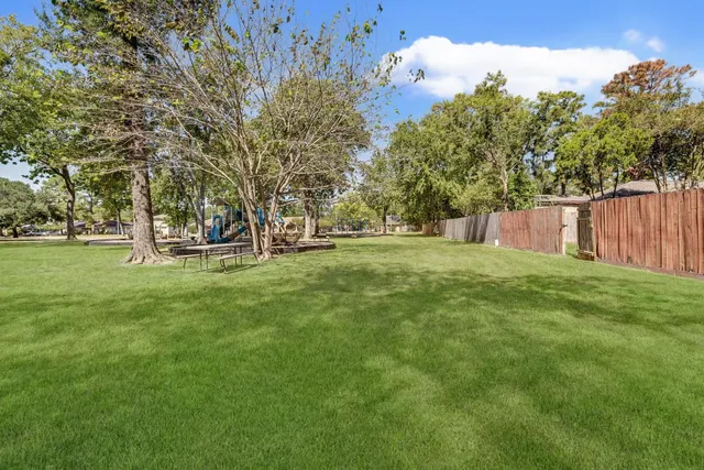 a view of a park with large trees