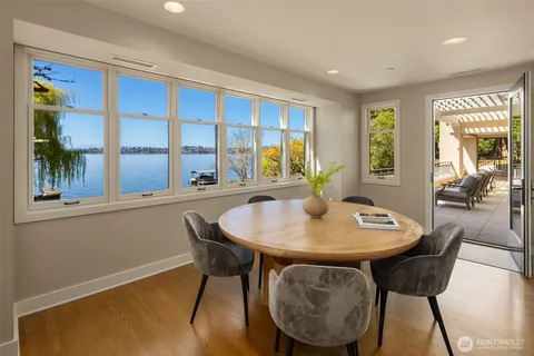 a view of a dining room with furniture window and outside view