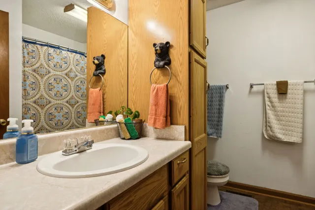 a bathroom with a sink a toilet and shower