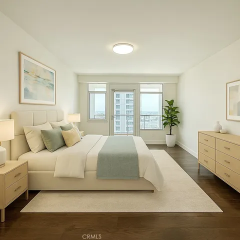 a spacious bedroom with a large bed and windows