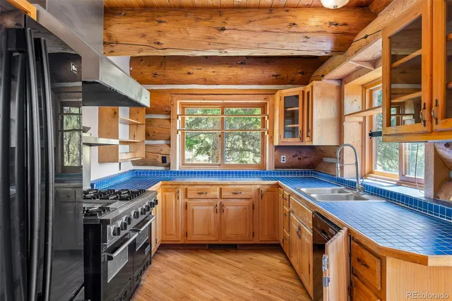a kitchen with a refrigerator and a sink